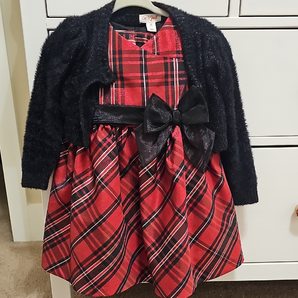 Red Plaid Dress with Black Cardigan and Bow